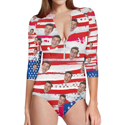 Custom Face Flag Half Sleeve One Piece Swimsuit Personalized Face On Flag Half Sleeve Bikini