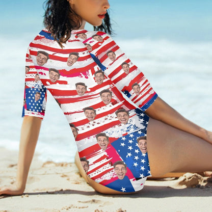 Custom Face Flag Half Sleeve One Piece Swimsuit Personalized Face On Flag Half Sleeve Bikini