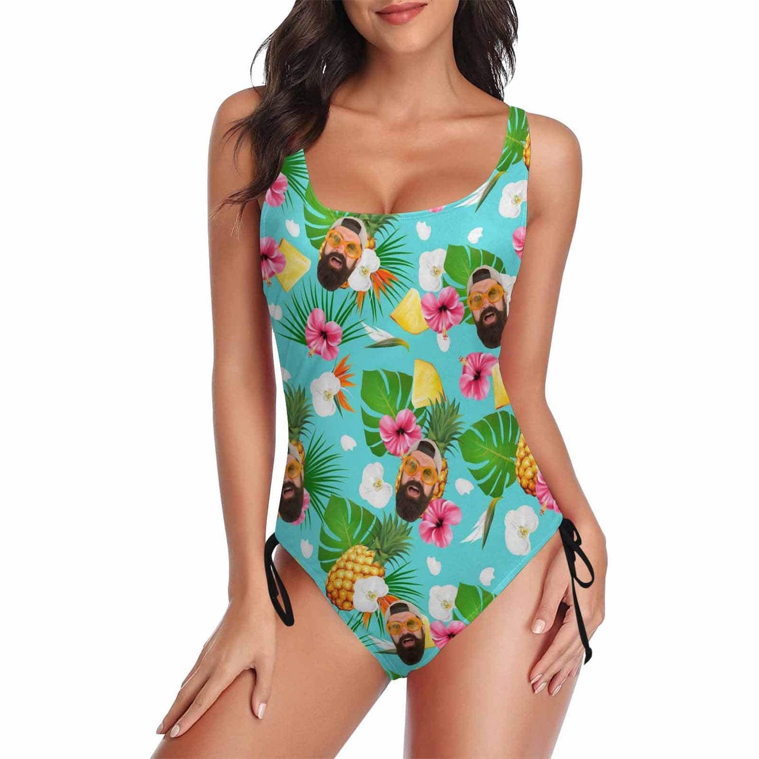 Custom Pineapple&amp;Leaves Face Drawstring Side Tank Top Swimsuit Personalized One Piece Bathing Suit