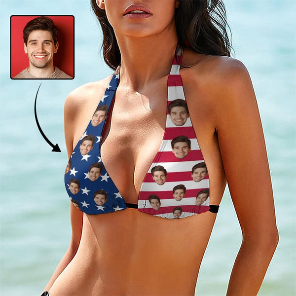 Custom American Flag Face Deep V Neck Halter Strings Bikini Top Personalized Swimsuit Top