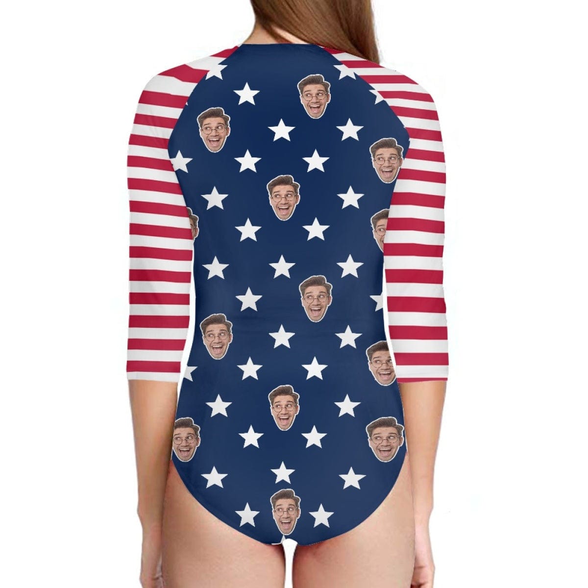 Custom Face Flag Half Sleeve One Piece Swimsuit Personalized Face Stars And Stripes Half Sleeve Bikini