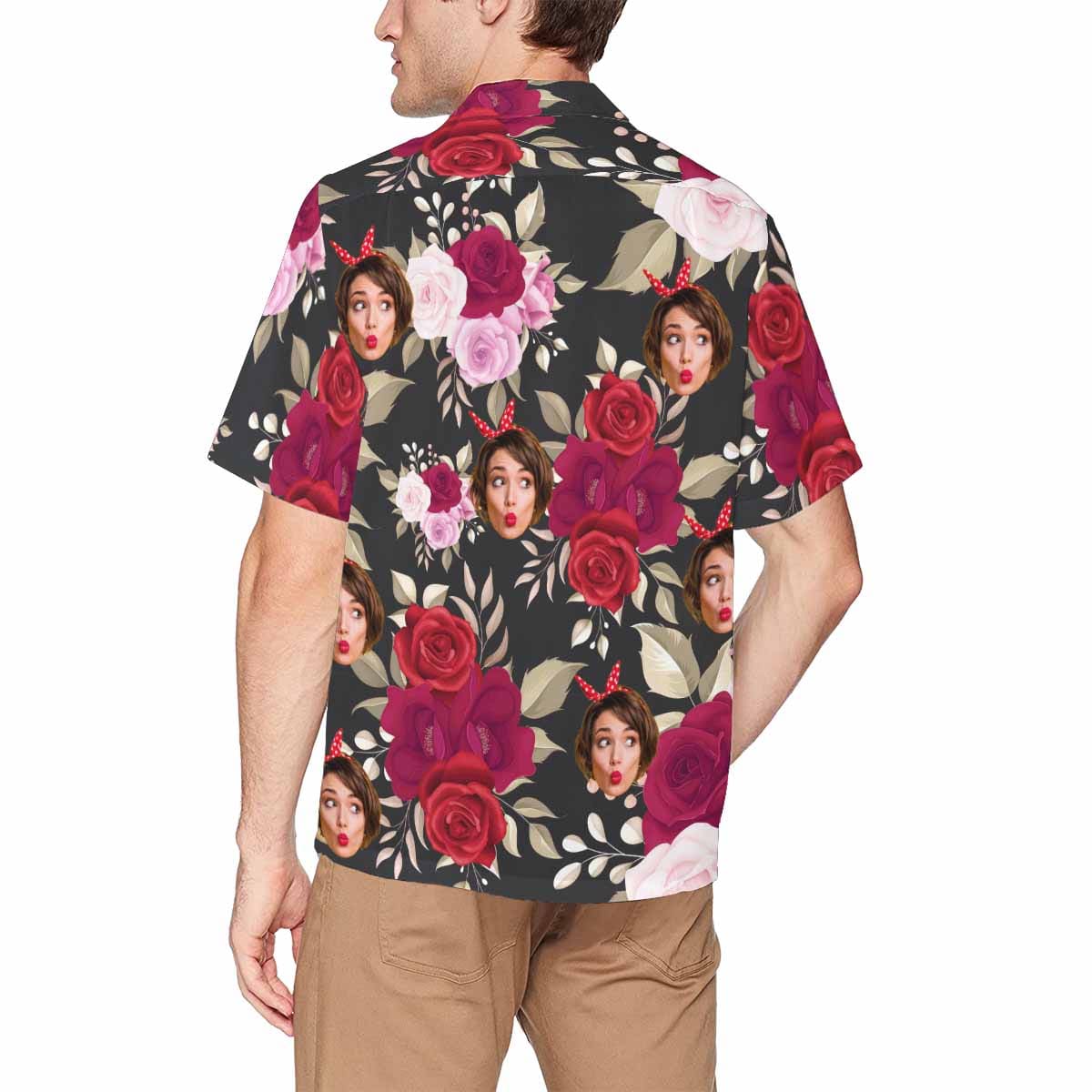 Custom Face Roses Hawaiian Shirt With Chest Pocket Personalized Aloha Shirt