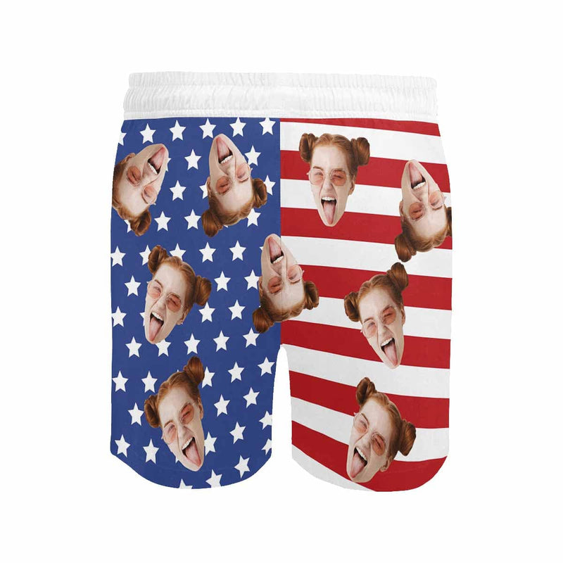 Custom American Flag Face Drawstring Swim Shorts Personalized Gift for Him