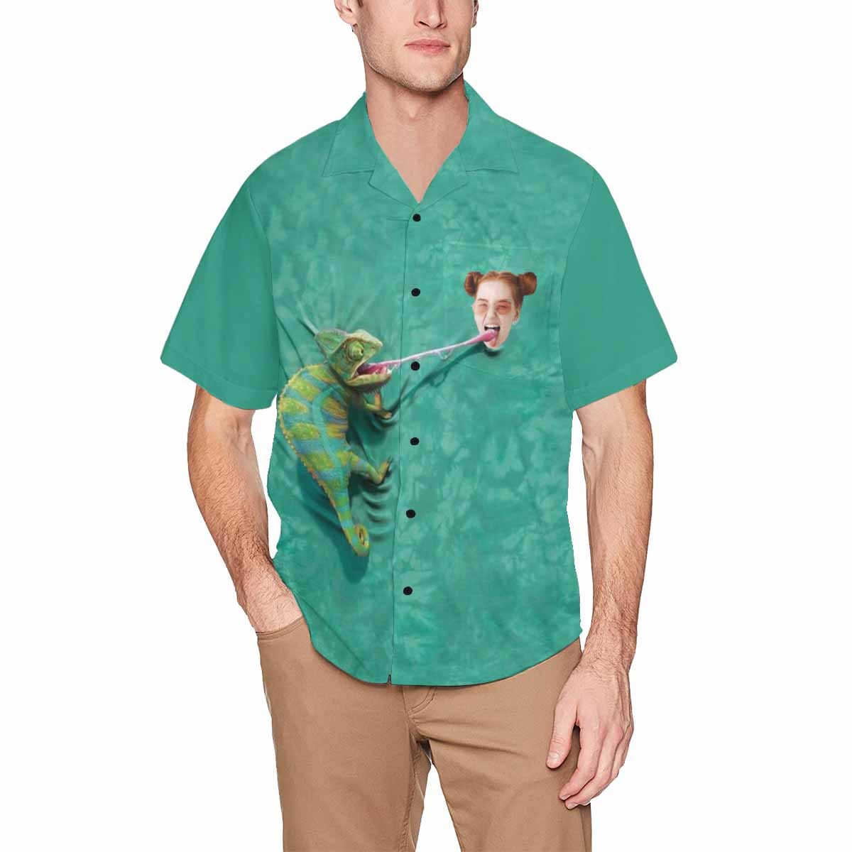 Custom Face Chameleon Hawaiian Shirt With Chest Pocket Personalized Aloha Shirt