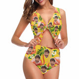 Custom Yellow Flamingo Face Strap High Waist Bikini Swimsuit Personalized Two Piece Swimsuit Bathing Suit