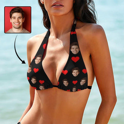 Custom Heart Face Black Deep V Neck Halter Strings Bikini Top Personalized Swimsuit Top