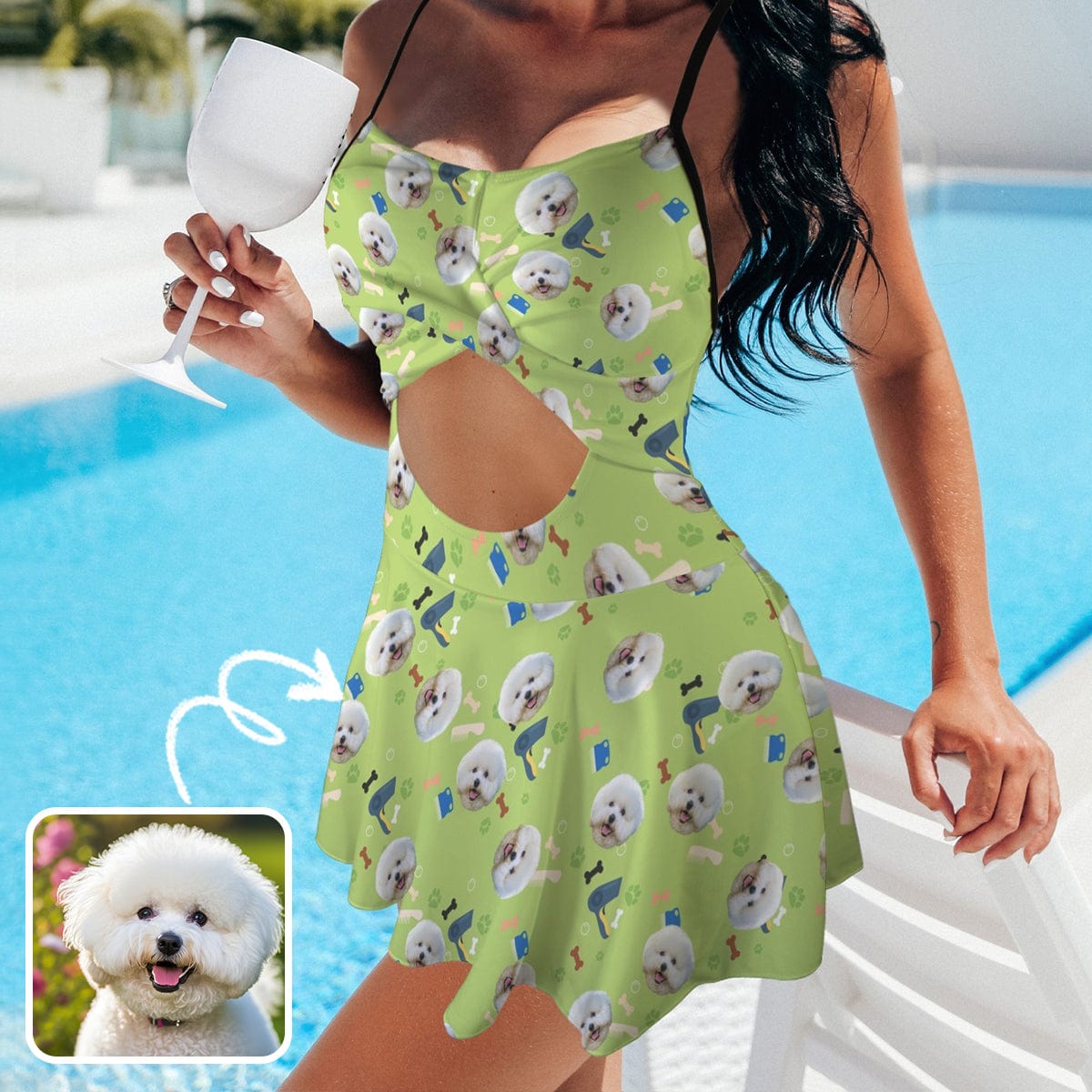 Personalized Face Swimsuit Dress Custom Face Green Women&