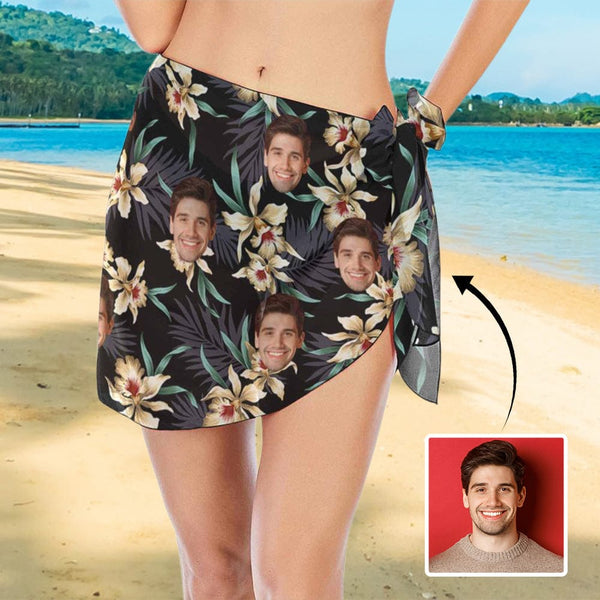 Custom Dark Flower Face Bikini Coverup Personalized Sarongs Beach Wrap