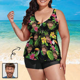 Plus Size Custom Dark Green Flower Face Tankini Bathing Suit Personalized Two Piece Swimsuit