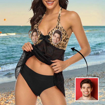 Custom Leopard Face Lace Low Waisted Tankini Personalized Sexy Swim Dress Beach Outfit