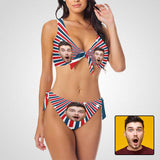 Custom Face Stripes Print Red Blue Bow Tie Bikini Swimsuit