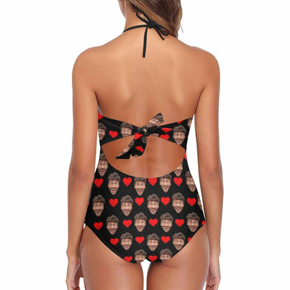 Custom Red Heart Black Face Lace Sling One Piece Swimsuit Personalized Beach Pool Outfit Honeymoons Party