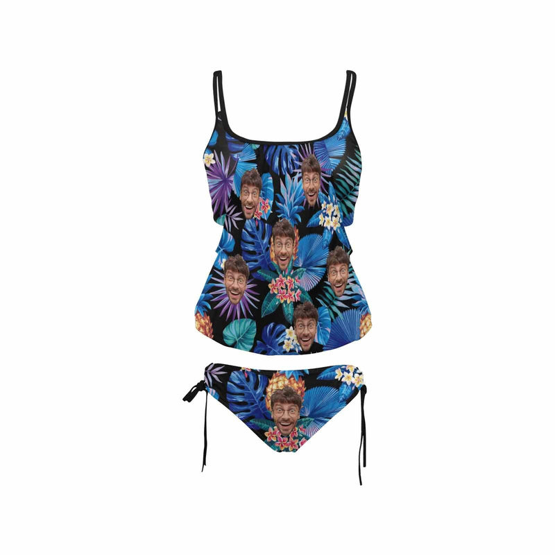 Custom Blue Leaves Face Tankini Bathing Suit Personalized Two Piece Swimsuit