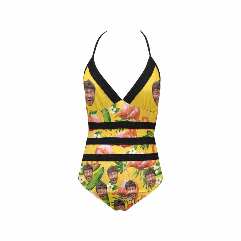 Custom Yellow Flamingo Face Lace Sling One Piece Swimsuit Personalized Beach Pool Outfit Honeymoons Party