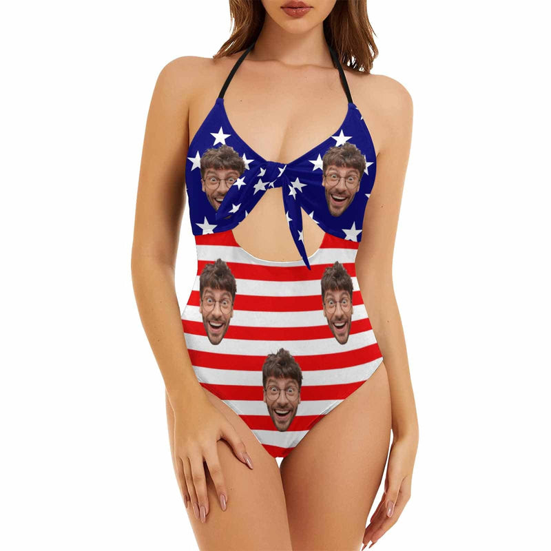 Custom American Flag Face Backless Bow One Piece Swimsuit Personalized Beach Pool Outfit