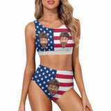 Custom American Flag Face High Cut Crew Neck Sports Bikini Personalized Two Piece Swimwear Beach Pool Outfit