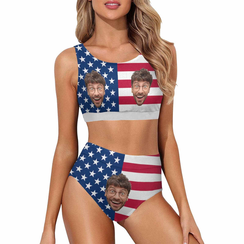 Custom American Flag Face High Cut Crew Neck Sports Bikini Personalized Two Piece Swimwear Beach Pool Outfit