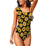 Custom Sunflower Face Summer Swimsuit Personalized Women's Shoulder Ruffle One Piece Bathing Suit Holiday Gift