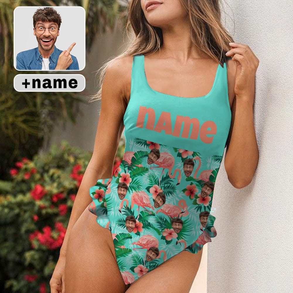 Custom Face Flamingo Tank Top Ruffle SwimSuit Personalized One Piece Swimsuit Bathing Suit Summer Beach Pool Outfits