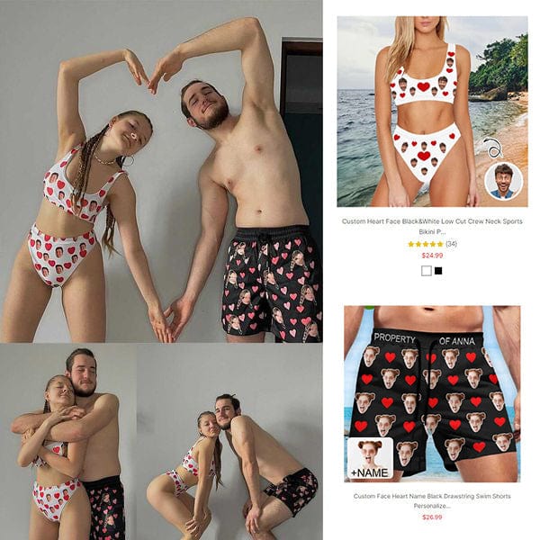 Custom Heart Face Couple Matching Sports Bikini Swim Shorts Personalized Swimwear Beach Pool Outfit