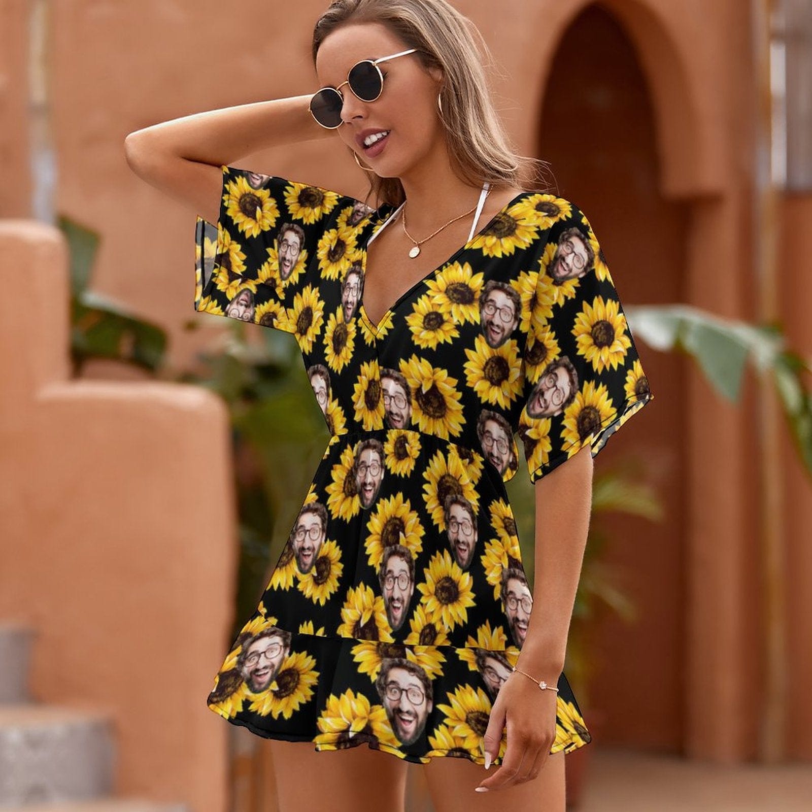 Custom Sunflower Face Cover Up Dress Personalized One Piece Cover Up