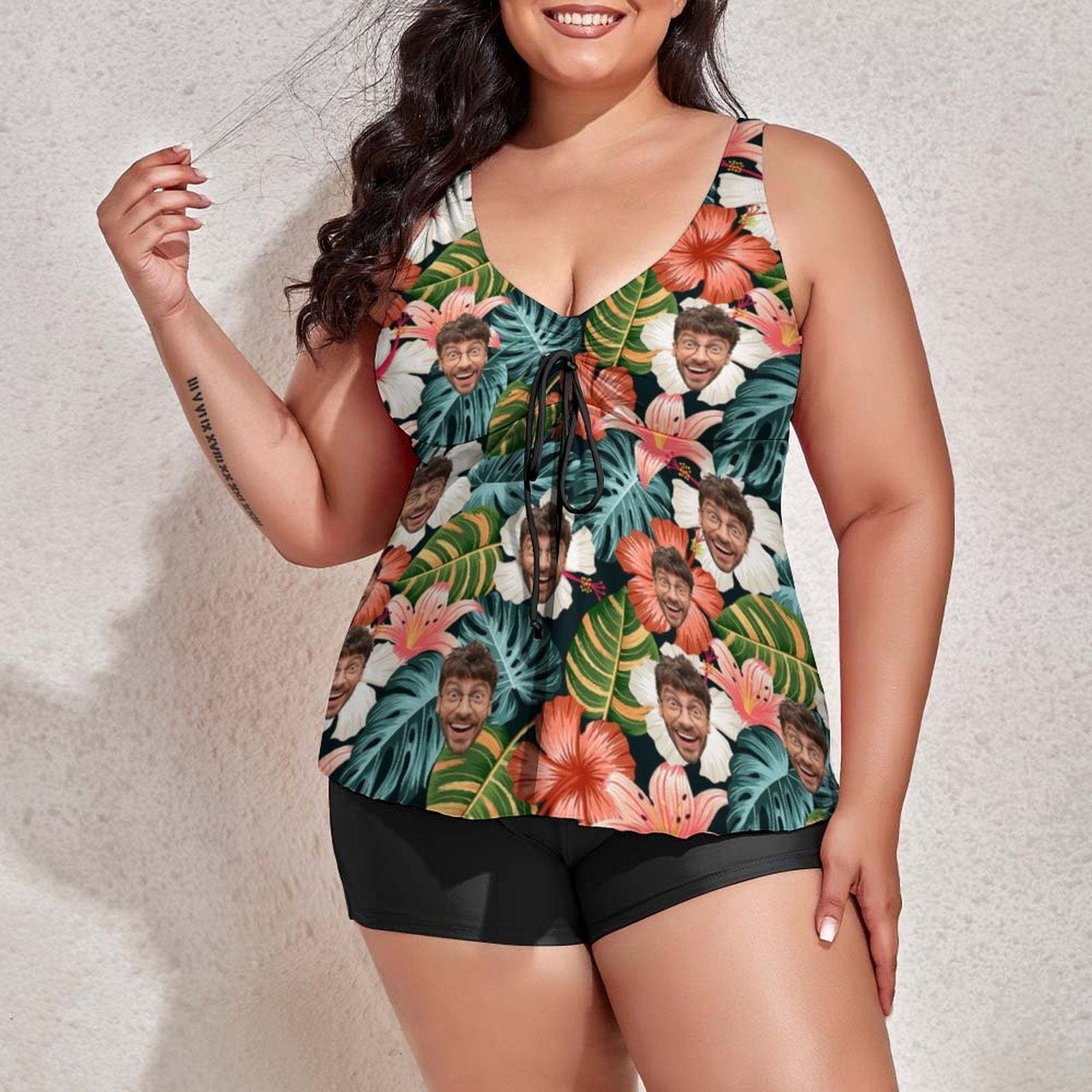 Plus Size Custom Colorful Flower Face Tankini Bathing Suit Personalized Two Piece Swimsuit