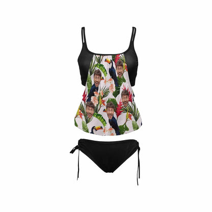 Custom White Flower&amp;Leaves Face Tankini Bathing Suit Personalized Two Piece Swimsuit