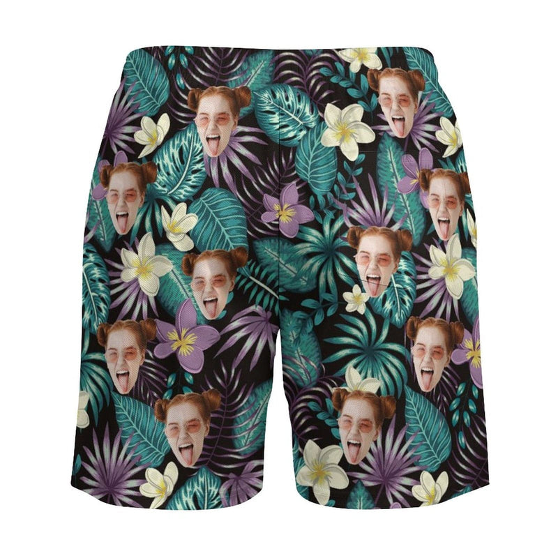 Custom Face Dark Leaves 2 in 1 Quick-Dry Swim Shorts with Pocket Personalized Swim Trunks