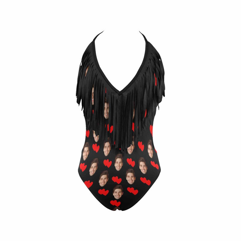 Custom Heart Face Black Fringe One Piece Swimsuit Personalized Beach Pool Outfit