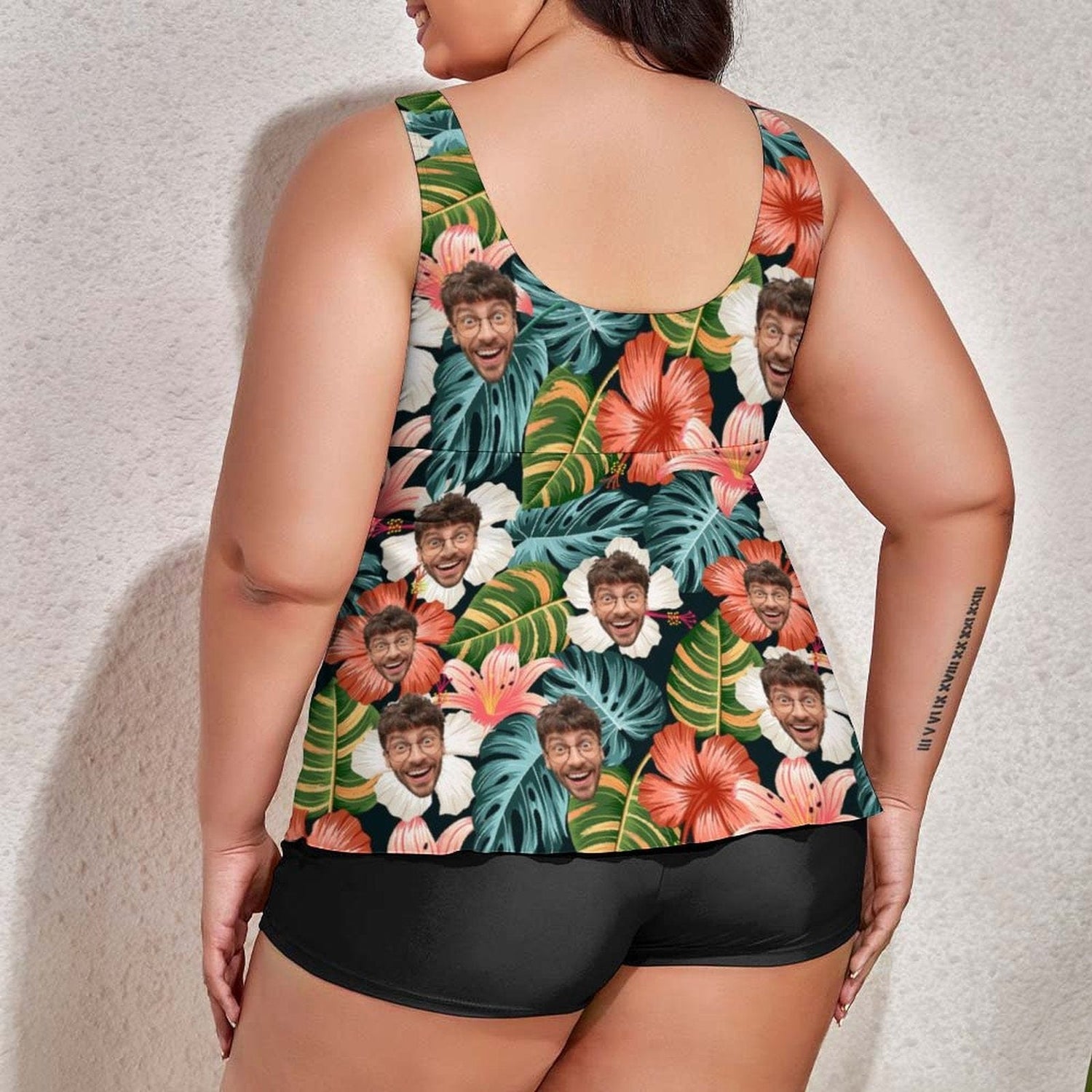 Plus Size Custom Colorful Flower Face Tankini Bathing Suit Personalized Two Piece Swimsuit