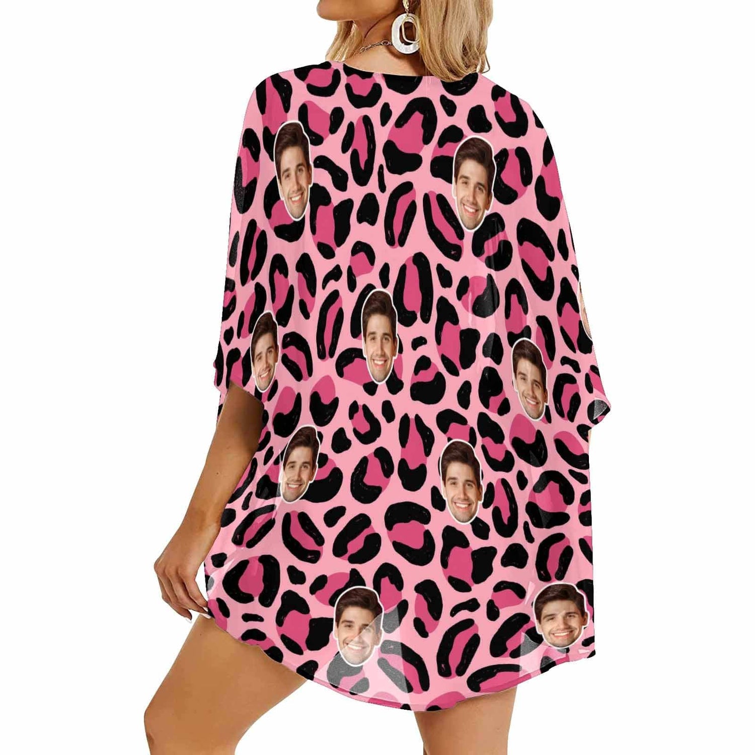 Custom Pink Leopard Face One Piece Bikini Cover Up Personalized Kimono Chiffon Cover Up