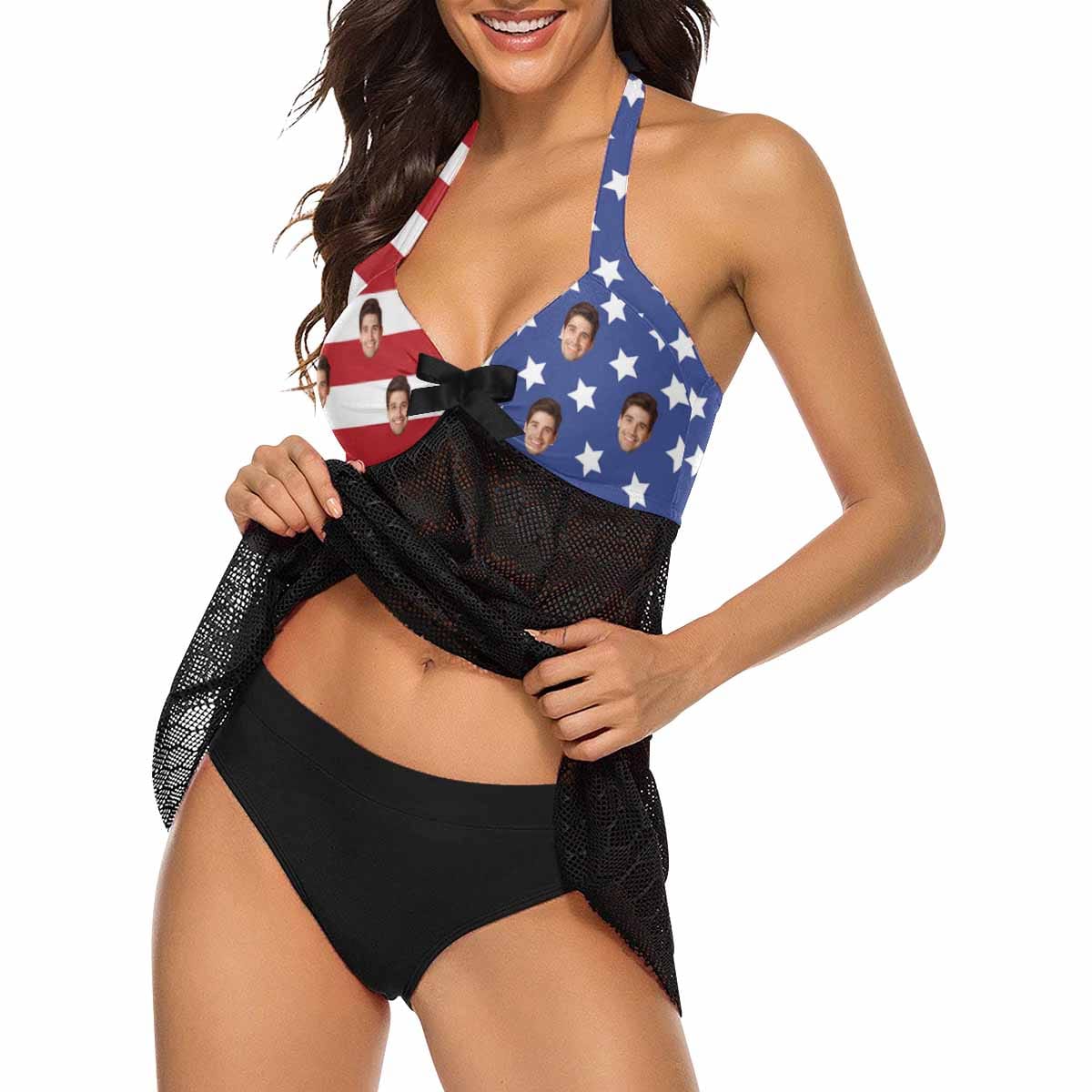 Custom American Flag Face Lace Low Waisted Tankini Personalized Sexy Swim Dress Beach Outfit