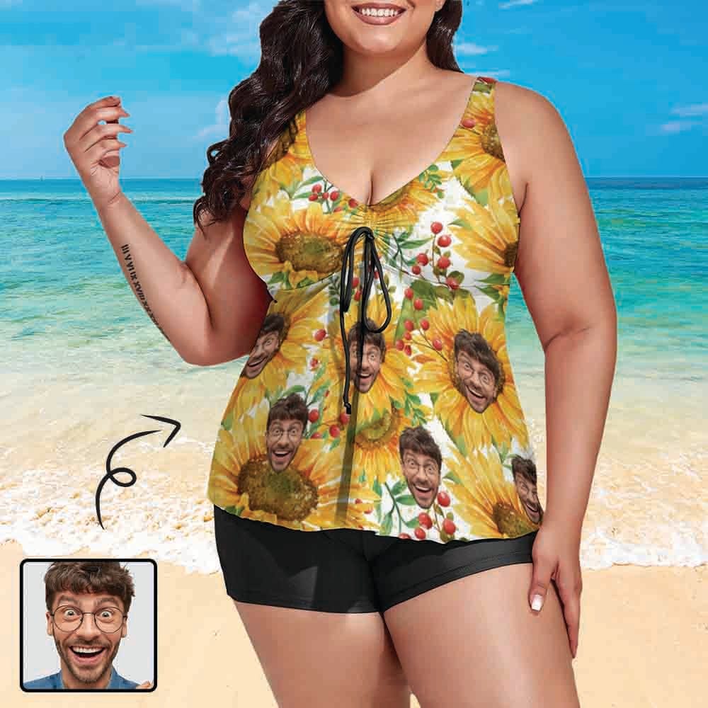 Plus Size Custom  Sunflower Face Tankini Bathing Suit Personalized Two Piece Swimsuit