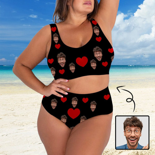 Plus Size Custom Heart Face Black Low Cut Crew Neck Sports Bikini Personalized Two Piece Swimwear Beach Pool Outfit