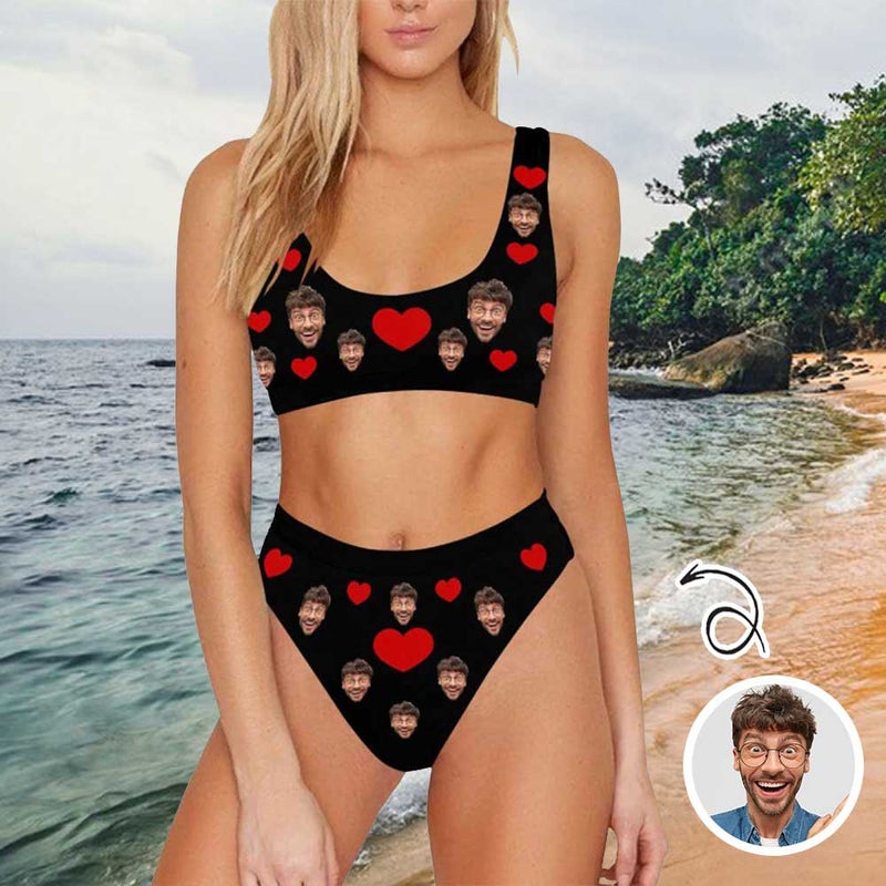 Custom Heart Face Couple Matching Sports Bikini Swim Shorts Personalized Swimwear Beach Pool Outfit