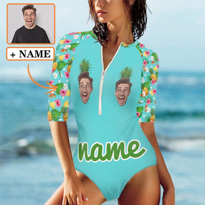 Custom Face&amp;Name Pineapple Half Sleeve One Piece Swimsuit Personalized Face Pineapple Green Half Sleeve Bikini