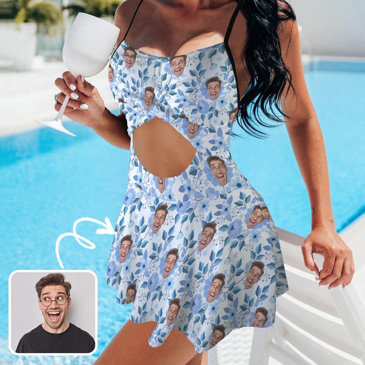 Personalized Face Blue Swimsuit Dress Custom Face Blue leaves Women&