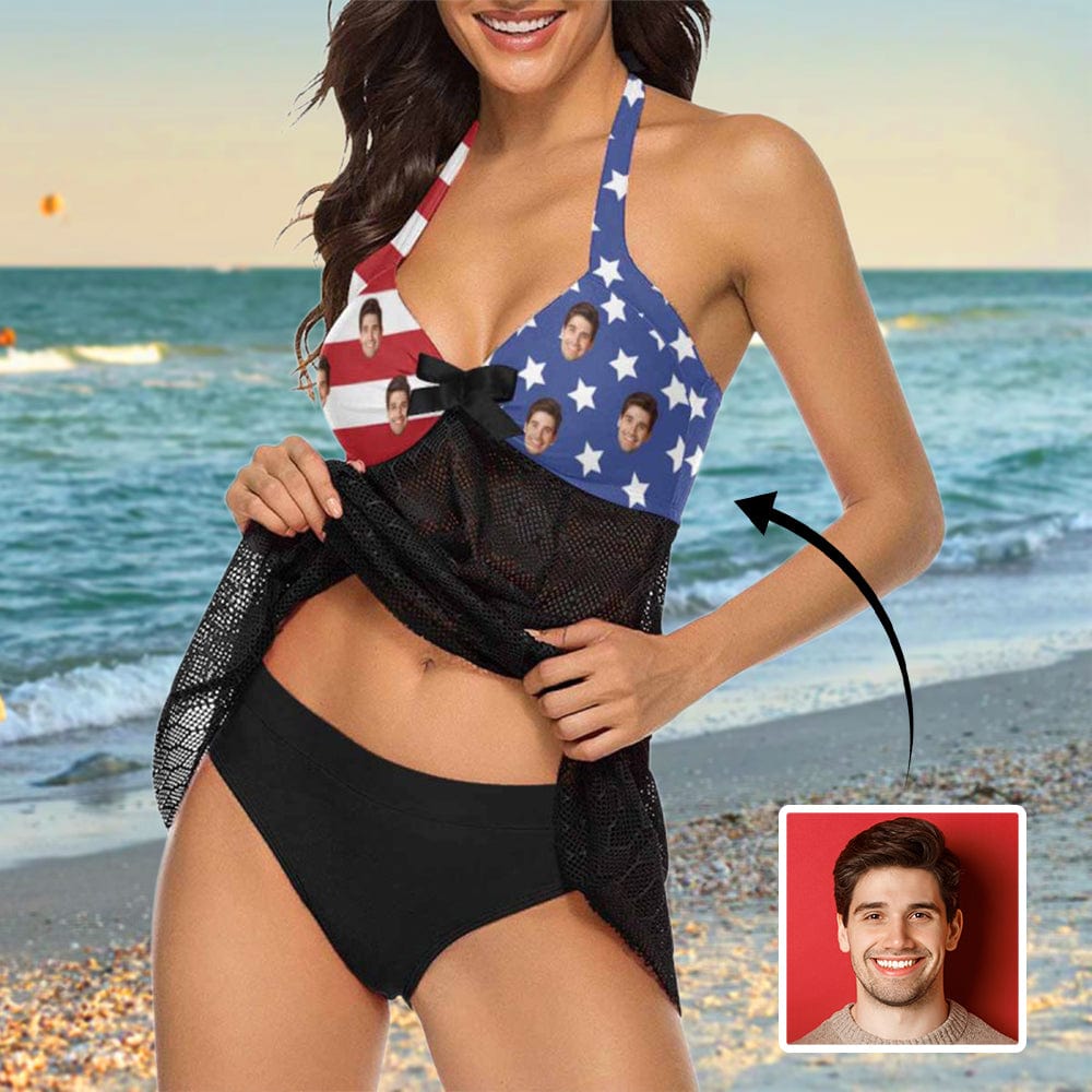 Custom American Flag Face Lace Low Waisted Tankini Personalized Sexy Swim Dress Beach Outfit