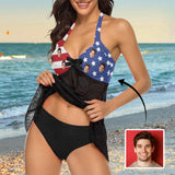 Custom American Flag Face Lace Low Waisted Tankini Personalized Sexy Swim Dress Beach Outfit