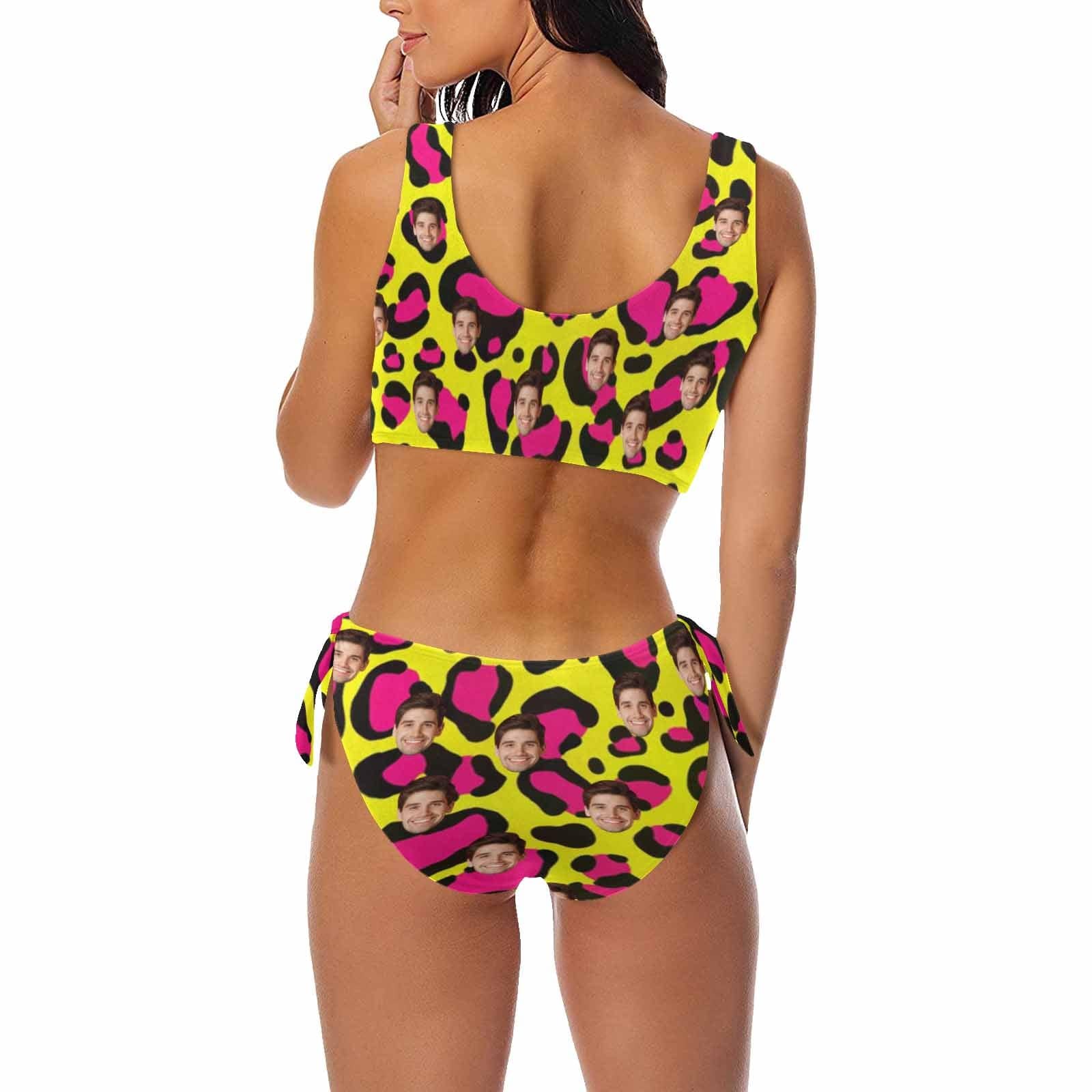 Custom Yellow Leopard Face Chest Strap Low Waisted Bikini Personalized Two Piece Swimsuit Bathing Suit