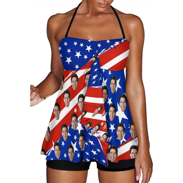 Custom Face Flag Split Swimsuit Personalized Two Piece Swimsuit Tankini For Women