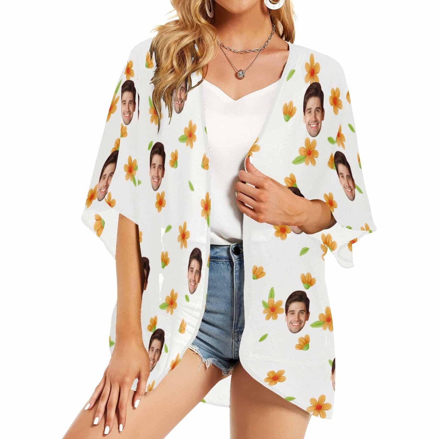 Custom White Flower Face One Piece Bikini Cover Up Personalized Kimono Chiffon Cover Up