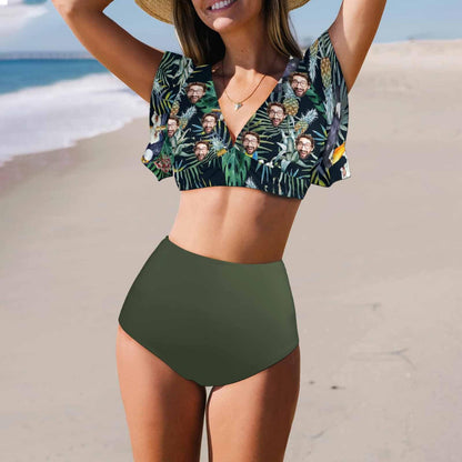 [Up to 5XL] Custom Face Leaves Ruffle Sleeve Bikini Swimsuit Personalized Bathing Suit