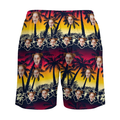 Custom Face Sunset Trees 2 in 1 Quick-Dry Swim Shorts with Pocket Personalized Swim Trunks