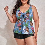 Plus Size Custom Blue Flower Face Tankini Bathing Suit Personalized Two Piece Swimsuit