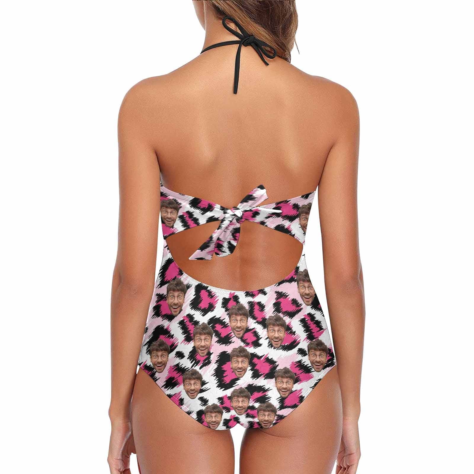 Custom Pink Leopard Face Black Lace Sling One Piece Swimsuit Personalized Beach Pool Outfit Honeymoons Party