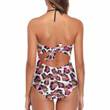 Plus Size Custom Pink Leopard Face Black Sling One Piece Swimsuit Personalized Beach Pool Outfit Honeymoons Party