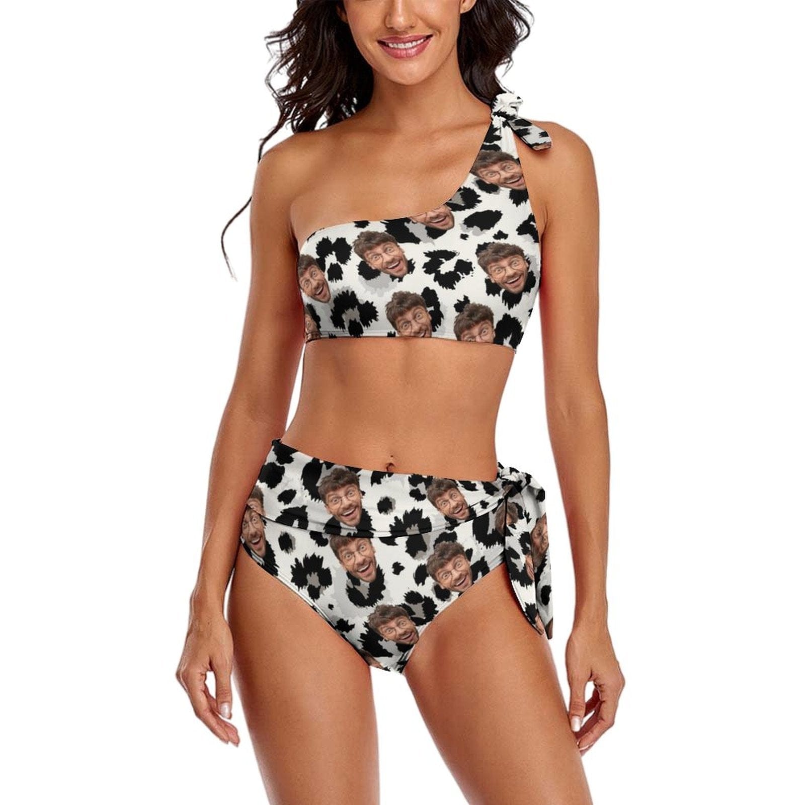 Custom Black&amp;White Leopard Face One Shoulder Bikini Personalized Women&