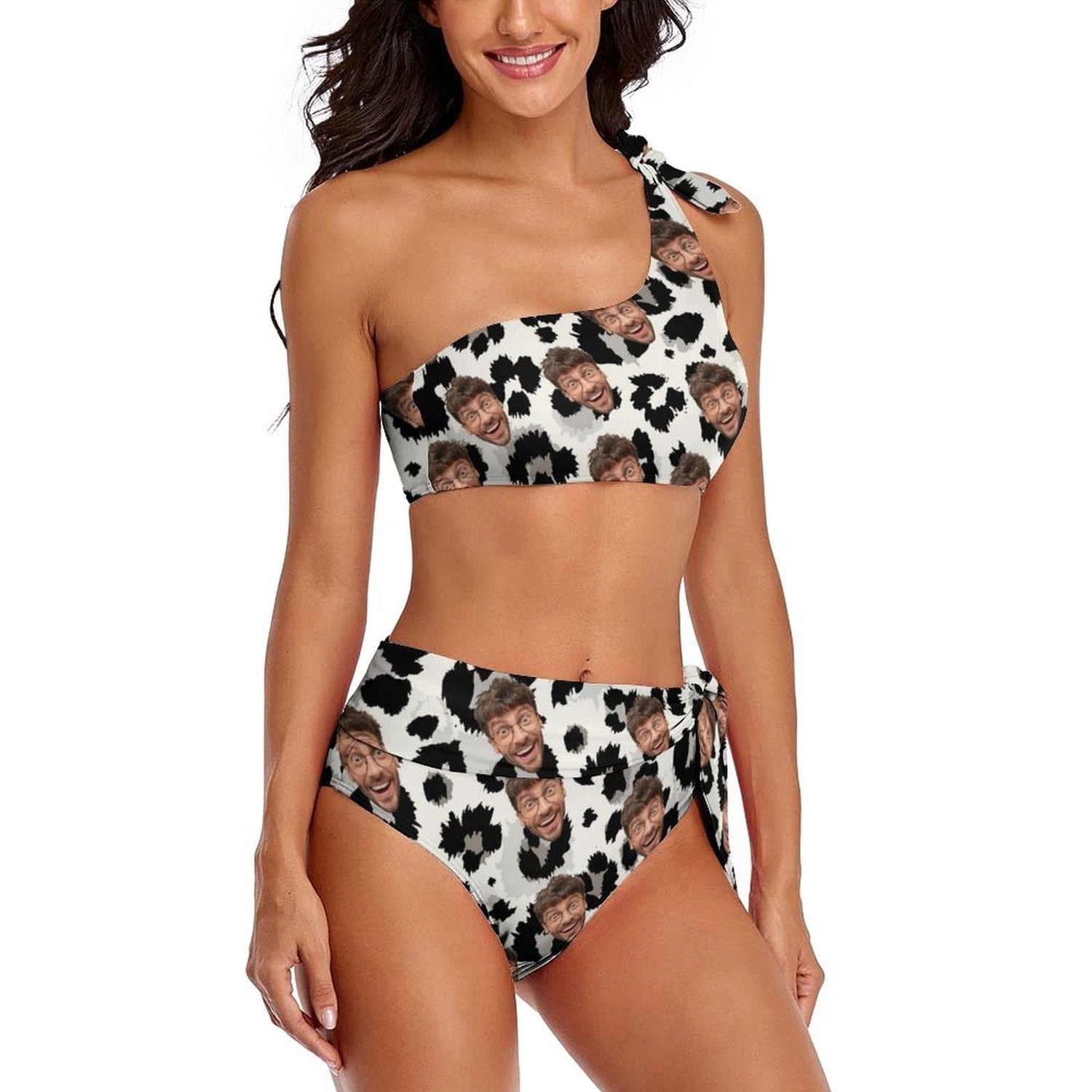 Custom Black&amp;White Leopard Face One Shoulder Bikini Personalized Women&