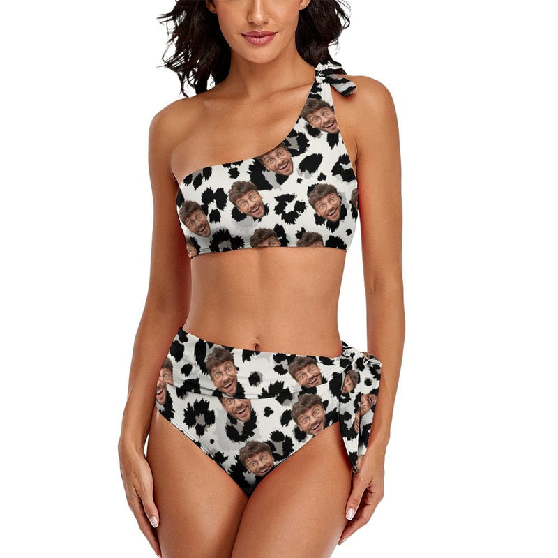 Custom Black&White Leopard Face One Shoulder Bikini Personalized Women's Two Piece Summer Beach Pool High Waisted Swimsuit